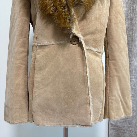 VTG Guess Womens Leather Coat Jacket Faux Fur Collar M Tan Y2K Indie Grunge 70s - Picture 8 of 16